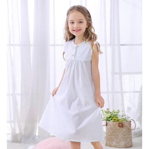 2020 Summer Sleeveless Embroidery Lace Nightgowns Girls Princess Nightdresses Girls' Cotton White Nightgowns Pajamas Girls Dress