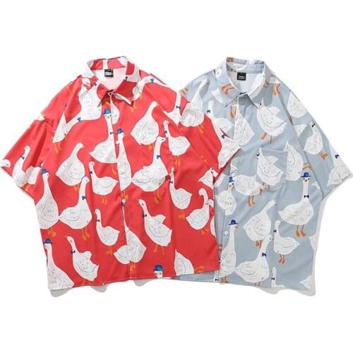 Men Shirt Short Sleeve 2021 New Arrival Summer Loose Male Shirt Thin Retro Cartoons Goose Korean Style Hot Sale S35
