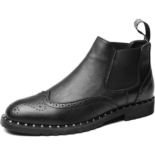 Men chelsea boots black genuine leather brogue shoes slip-on breathable bullock shoe young gentleman bota masculina erkek bot