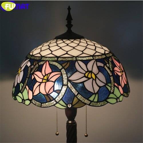 FUMAT Tiffany Floor Lamp Green Leaf Pink Cymbidium Stained Glass Lampshade Multe Color Light European Retro Style Alloy Frame