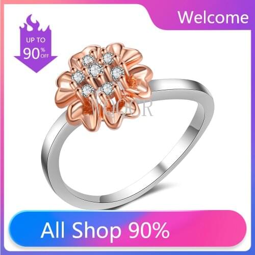 New Ladies Two-Color White Gold Rose Gold Flower Ring Rhinestone Hollow Exquisite Jewelry Wedding Banquet Engagement Party Gift