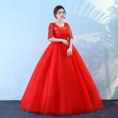 New Red O-Neck Wedding Dress Empire Embroidery Half Sleeves Floor-Length Elegant Tulle Plus Size Wedding Gowns For Women G316