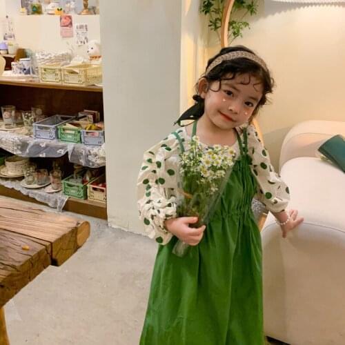HAYANA 2021 Autumn New Girls Clothing Set Puff Sleeve Dot Blouse And Solid Dress 2Pcs Girls Suit