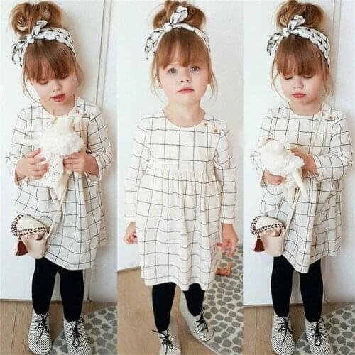Pudcoco Girl Dress Toddler Kids Baby Girl Cartoon Plaid Cotton Long Sleeve Dress Outfits Clothes