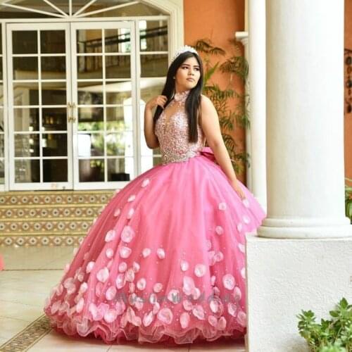 Blush Pink Quinceanera Dress 2020 O Neck Ball Gown 3D Florals Prom Dress Plus Size Beaded Lace Sleeveless Formal Dress Romantic