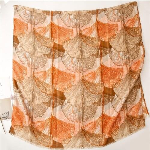 Spain Fashion Autumn Women Ginkgo Floral Fringe Viscose Scarf Lady Print Shawls and Wraps Soft Foulard Echarpe Muslim 180*90Cm
