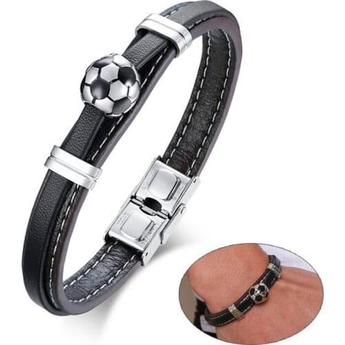 Sporty Football Charm Bracelets for Men High Quality Genuine Leather Male Wrist Accessory pulsera masculina 21cm