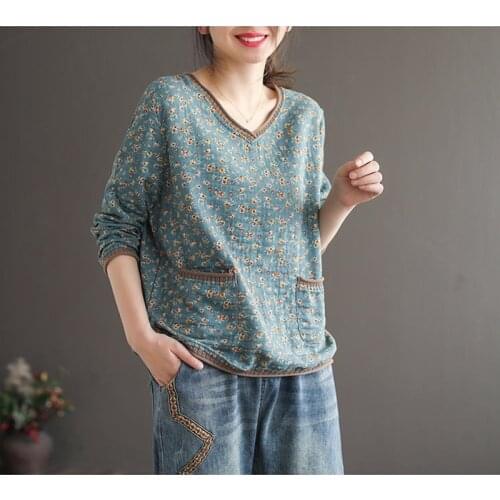 Cotton Sale New Arrival Korean Women Free Shipping 2020 Retro V-Beck Tees Loose National Style