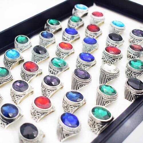20 Pieces/lot Mix Color Glass Vintage Rings For Women Metal Zine Alloy Elegant Couple Rings Engagement Ring Jewellery