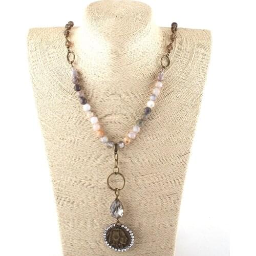 Fashion Jewelry Natural Stone & Glass Crystal Long Chain Metal Crystal Disco Pendant Necklaces For Women Ethnic Necklace