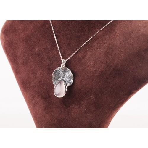 UM US JEWELRY Pink Quartz Stone 925 Sterling Silver Pendant