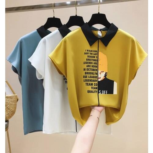 Womens For Blouses 2021 Ladies Tops Chiffon Blouse Short Blusas Feminina Shirts Batwing Sleeve Print Button Korean Clothing 0133