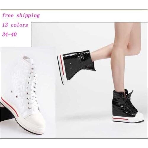 New arrival 2018 Quilted thread hidden high heels Elevator wedge platform high top lace up boots fashion women casual shoe 34-40