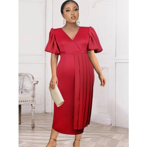 Women High Waist Midi Dresses V Neck Short Lantern Sleeve Plus Size 4XL Summer Birthday Evening Party Robes for Ladies 2021 New