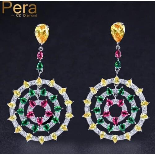 Pera Brand Vintage Style Silver Color Jewelry Cubic Zirconia Pave Long Dangling Big Earrings For Women Wedding Party E345
