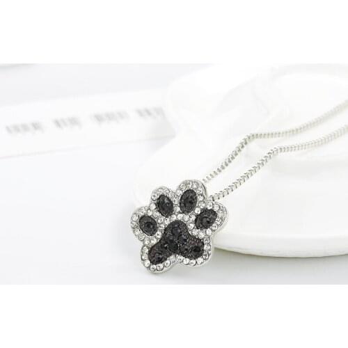 Full White & Black Crystal Cute Kitty Cat Puppy Dog Paw Pendant Dangle Footprint Silver Plated Chain Necklace for Women