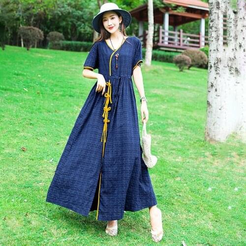 Original Design Vintage Cotton Linen Loose Summer Dress 2021 New Arrival Plaid Fashion Women Dress Travel Casual Long Dress