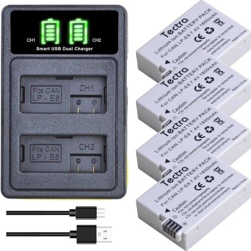 4PCS 1800mah LP-E8 LPE8 Battery Battery& LED Type-C Dual Charger for Canon EOS 550D 600D 650D 700D X4 X5 X6i X7i T2i T3i