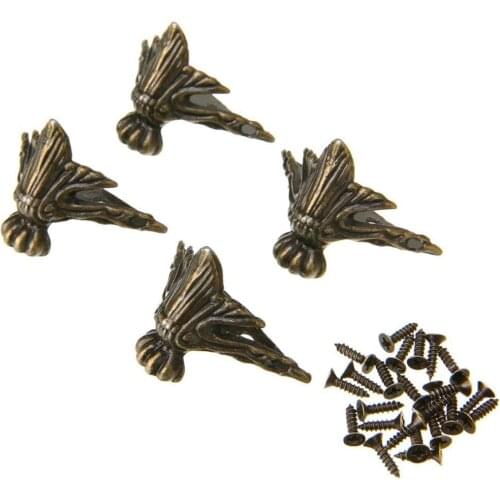 4 PCS Antique Brass Wood Case Jewelry Chest Storage Box Feet Leg Corner Protector