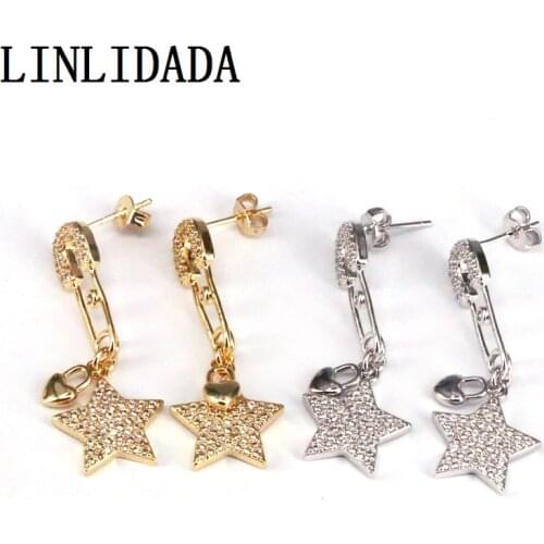 5Pairs New Fashion Clear cz safety pin earring jewelry, gold silver color star dangle earring