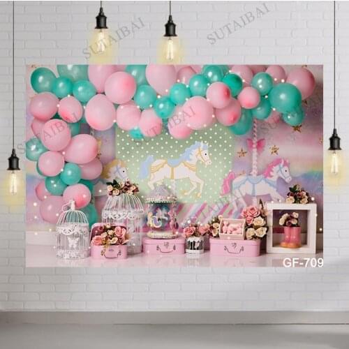 Glitter Pink and Purple Carousel Girl Birthday Party Background for Photography Flower Baby Shower Decoration Backdrop for Photo