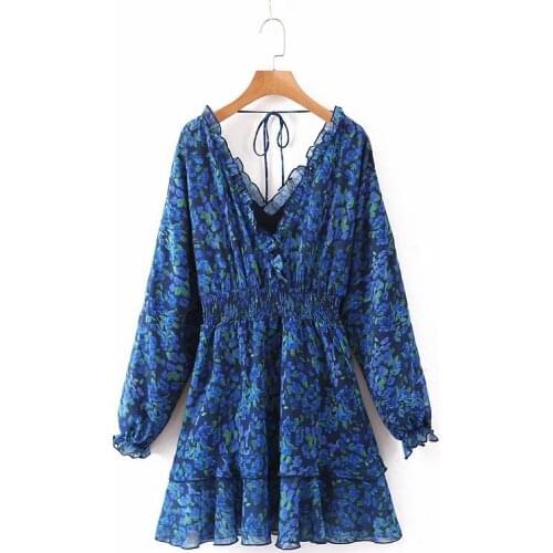 Boho Chic Summer Vintage Cuffs Floral Print Mini Dress Women 2020 Fashion Drawstring Pleated Vacation Dresses Blue Chiffon Dress