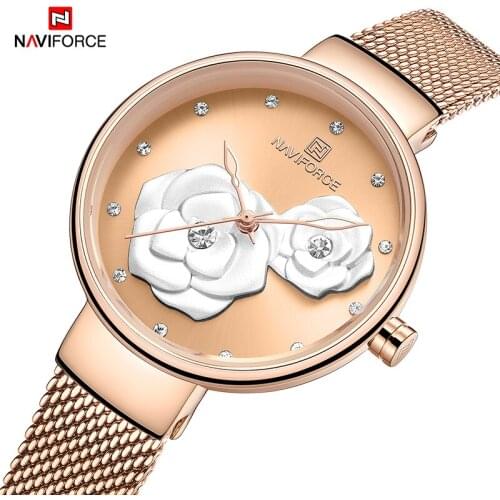 NAVIFORCE Womens Watches Luxury Rose Gold Color Watch Ladies Steel Mesh Band Beautiful Flower Female Quartz Wristwatch for gift