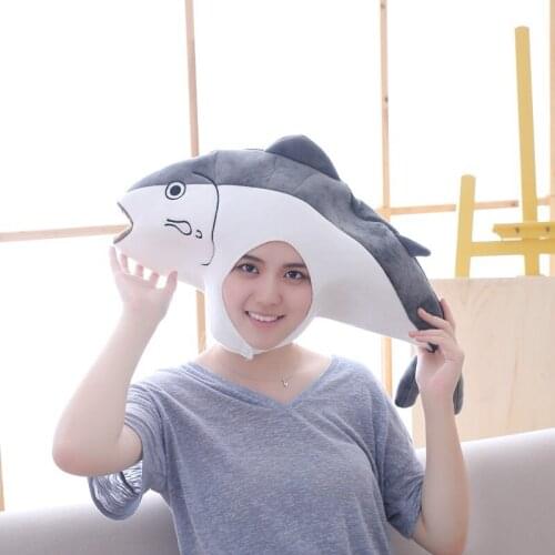 Children Cute Cartoon Plush Salted Fish Head Cover Plush Toy Stuffed Soft Hat Photography Prop Plush Head Covers