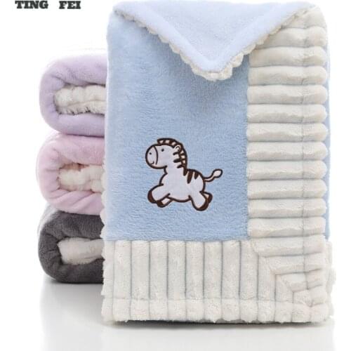 80X100 Cm Super Soft Double Layer Flannel Baby Swaddling Blanket Cartoon Embroidery Thick Knitted Children Newborn Bedding