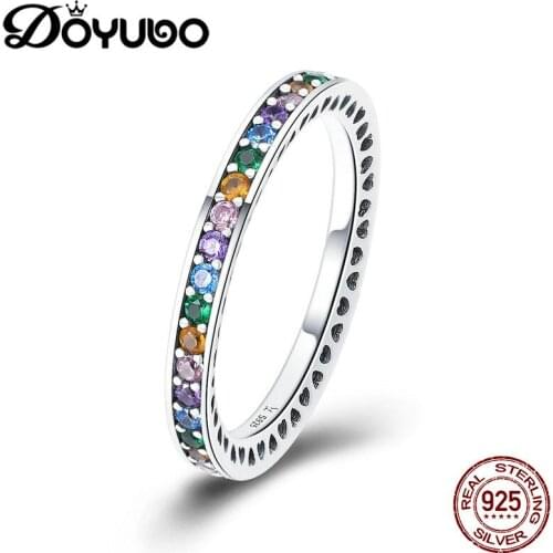 DOYUBO Classical 925 Sterling Silver Ring For Women With Colorful Cubic Zircon Lady Real Silver Wedding Ring Fine Jewelry AGB003