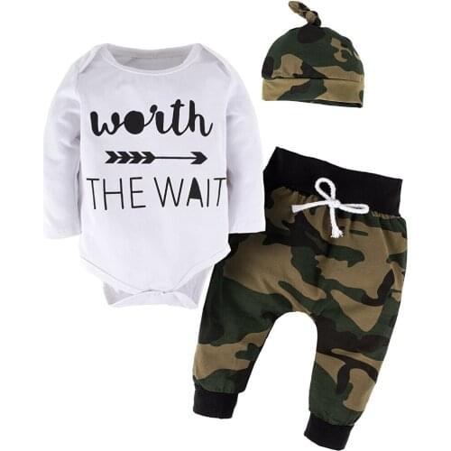 3Pcs Toddler Baby Boys Clothes Outfits Set Infant Newborn Girls Clothing Letter Arrow Bodysuit +Camouflage Pants+Hat