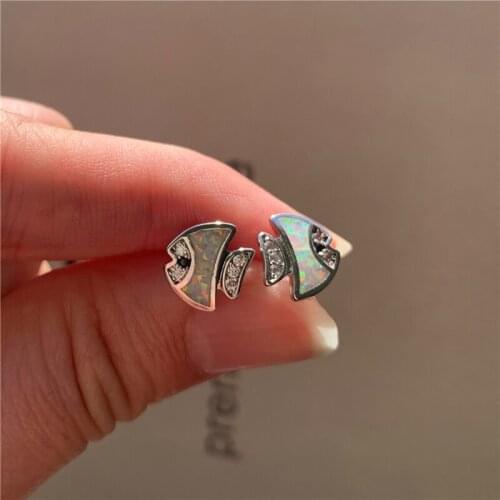 Cute Female Crystal Fish Small Earrings Rose Gold Silver Color Stud Earrings For Women Vintage White Blue Opal Wedding Earrings
