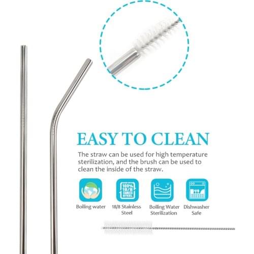 Reusable Stainless Steel Drinking Straw Metal Straight Curved with Cleaner Brush Kit Home Bar Drinkware