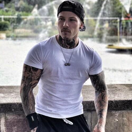 Mens Sports Short-Sleeved T-Shirt Pure Cotton Slim Round Neck Half-Sleeved Solid Color Shirt Gym Jogging Quick-Drying Shirt