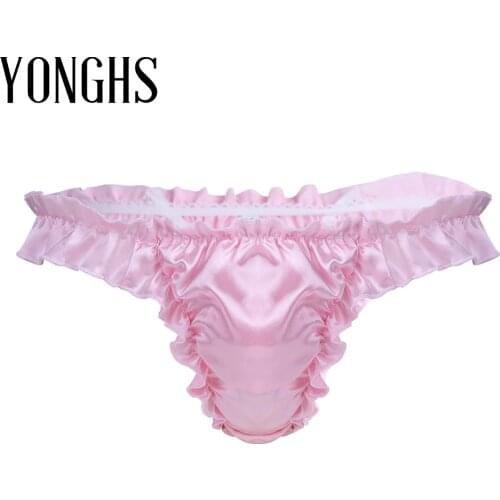 Mens Lingerie Sissy Panties Soft Shiny Ruffled Frilly Sissy Bikini Briefs Sexy Thong Sex Underwear Male Open Butt Underpants