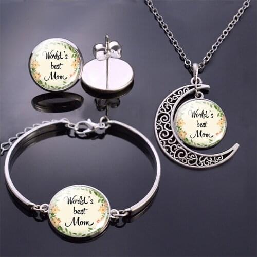 Mothers Jewelry Set Worlds Best Mom Quote Stud Earrings / Bracelet / Necklace Fashion Jewelry Gift for Stepmother Mothers Day