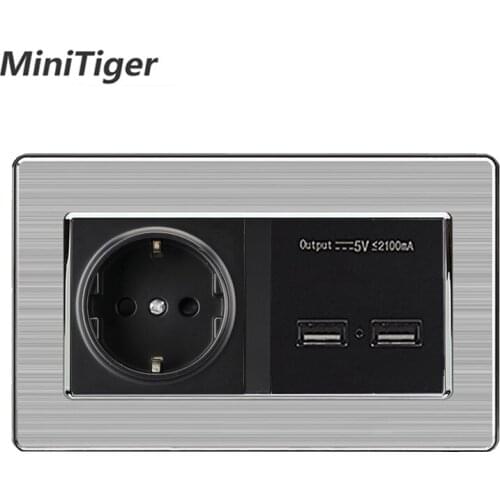Wall Socket EU Standard Power Outlet With Dual USB Smart Induction Charge Port For Mobile 5V 2.1A Stainless Steel Panel