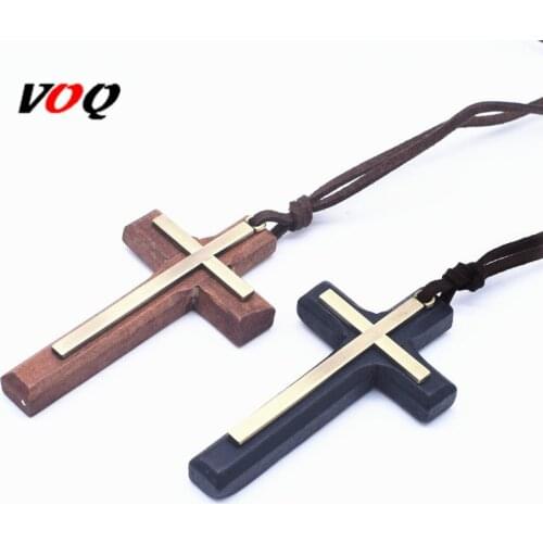 New Arrival Alloy with Wooden Pendant Cross Necklace Religious Leather Rope Chain Long Necklace Women Man Jewelry Christmas Gift