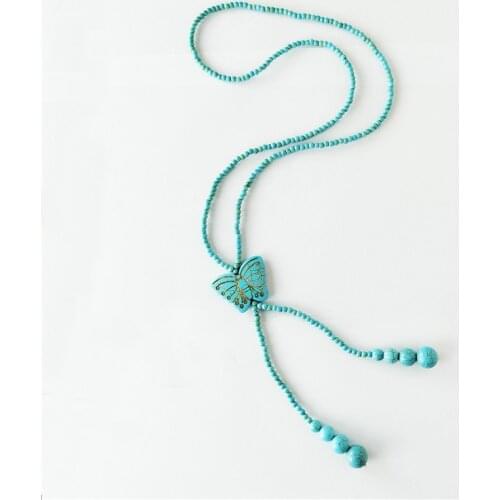 New Turquoises Stone Butterfly Necklace 2020 Jewelry Fashion Bohemia Long Tassel Sweater Chain Necklace for Women Dropshopping
