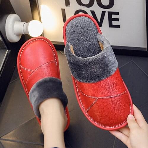 Solid red indoor slippers womens autumn winter 2020 new classic genuine leather home plush shoes womans footwear