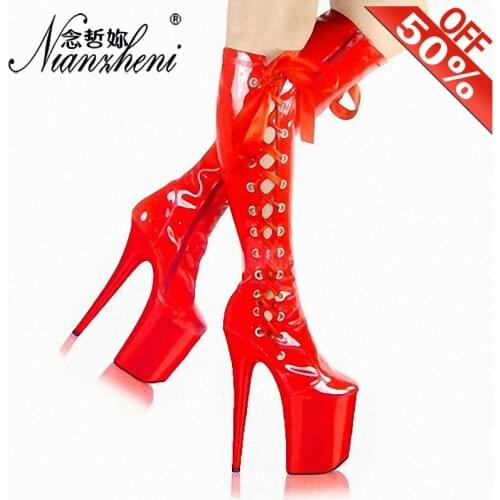 Sexy Red Riband Thigh high boots Patent leather Round toe Thick platform 20cm High heeled shoes 8 inches Nightclub Pole Dance