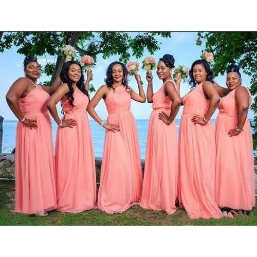 2019 One Shoulder Coral Long Bridesmaid Dresses Ruched A Line Chiffon Floor Length Maid of Honor Gowns Wedding Party Prom Dress