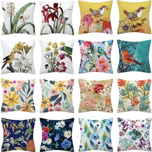 Color Plants Floral Polyester Cushion Cover 45X45 Flowers Bird Print Pattern Decorative Pillowcases Sofa Cushions Pastoral Style
