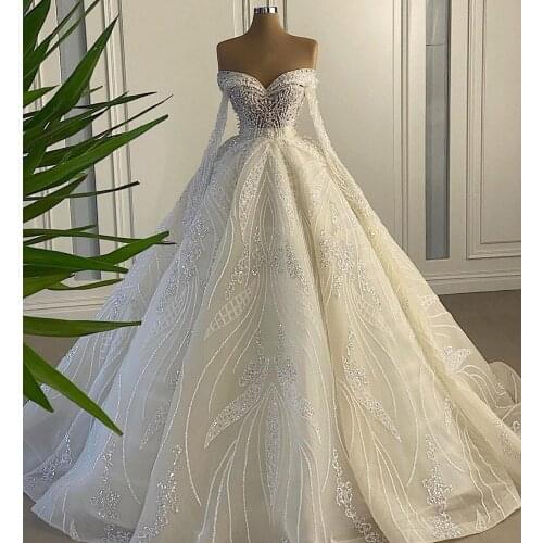 Robe De Mariee 2021 A Line Wedding Dresses Sweatheart Beads Crystal Pearls Long Sleeves Robe Dresses Mariage Bride Dresses