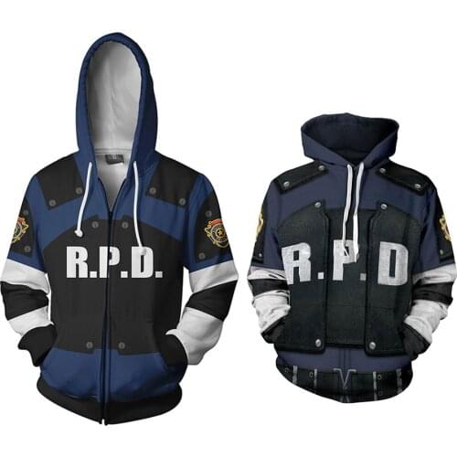 Resident RPD Leon Scott Kennedy Cosplay Hoodie Sweatershirt Causal Zipper Jacket Coat Costume Zipper Hooded Sweatshirt
