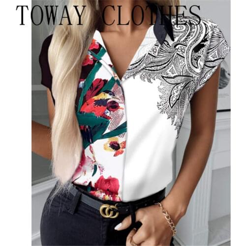 Women Leaf Print Turn-down Collar Short Sleeve Blouse Floral Print Colorblock Buttoned Shirt Summer Top For Women 2021