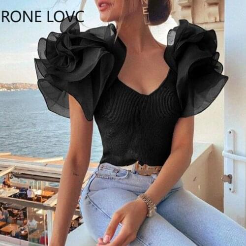 Women Solid Elegant Princess Sleeves Feep V neck Women Black Blouse Tops