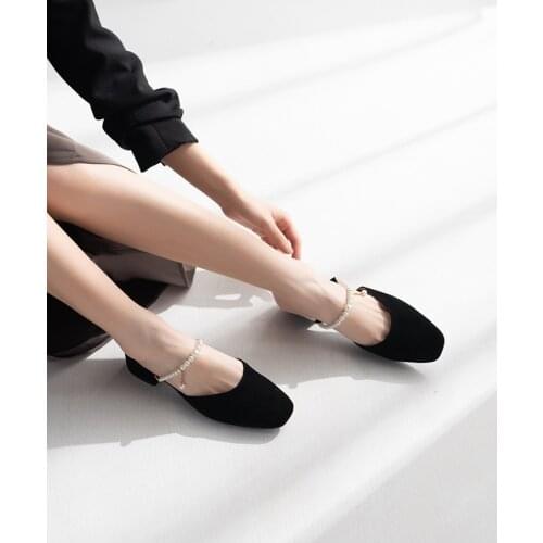 2021 sheep suede elegant pearl square head temperament fashion sandals women summer new style