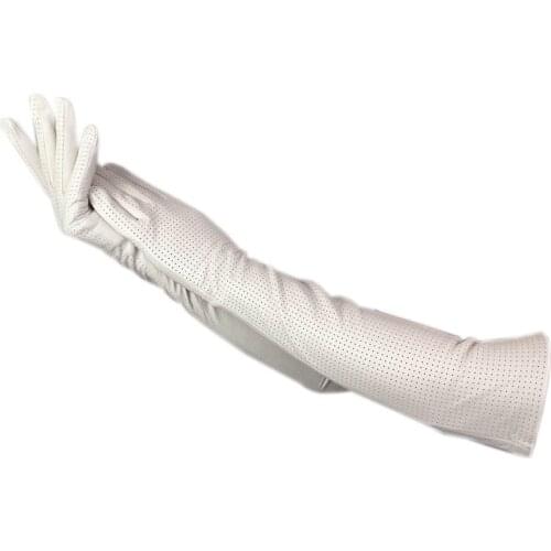 Winter ladies elbow fashion sheepskin gloves white punched leather 50 cm long gloves to keep warm new leather driving dress 2021