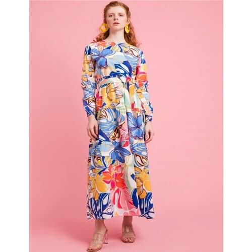 Palm Patterned Multicolor Belted Cotton Fabric Long Dress 2021 New Womens Fashion Elegant Clothing Collections